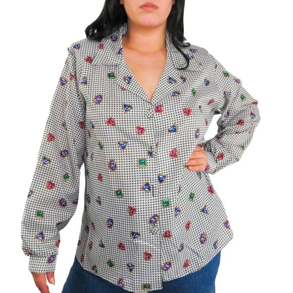 1980s Multicolor Rhinestone Gem Print Houndstooth Button Down Blouse Size 16 - Picture 1 of 6